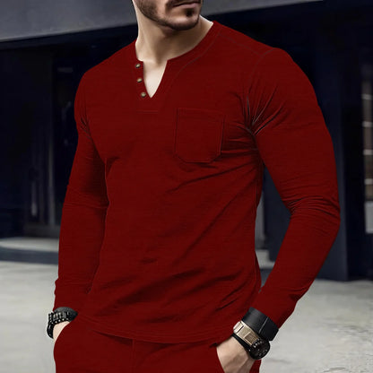 Men's Long Sleeve Henley Cotton Shirt