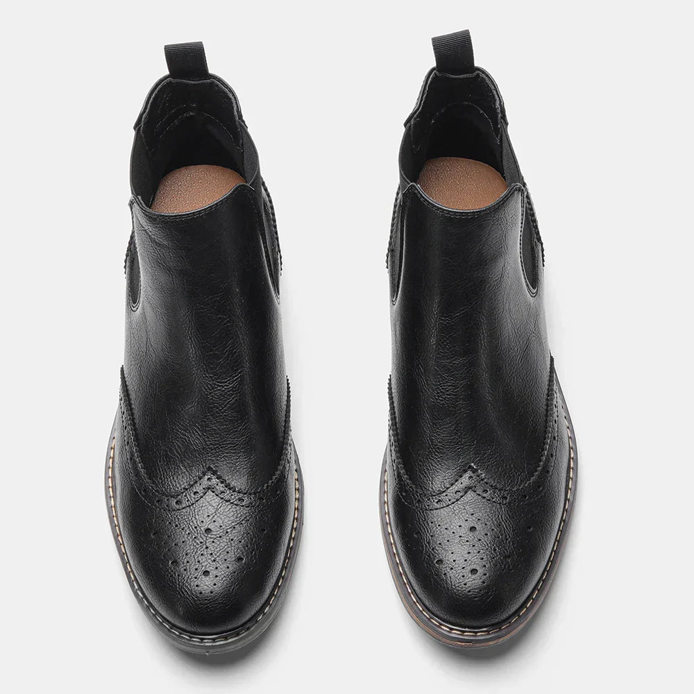 Men's Chelsea Ankle Boots Leather Brogue Style Black