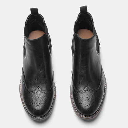 Men's Chelsea Ankle Boots Leather Brogue Style Black