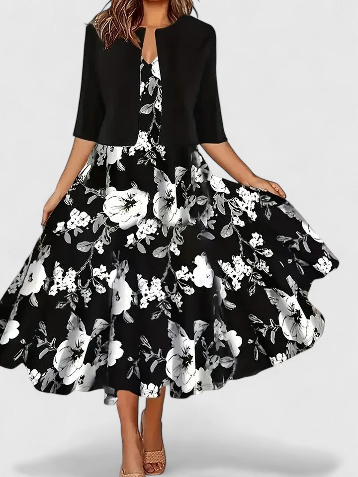 Women's Floral Midi A-Line Dress 3/4 Sleeve