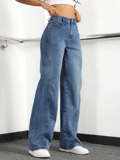 Women's Wide Leg Cargo Jeans High-Waisted Denim Blue