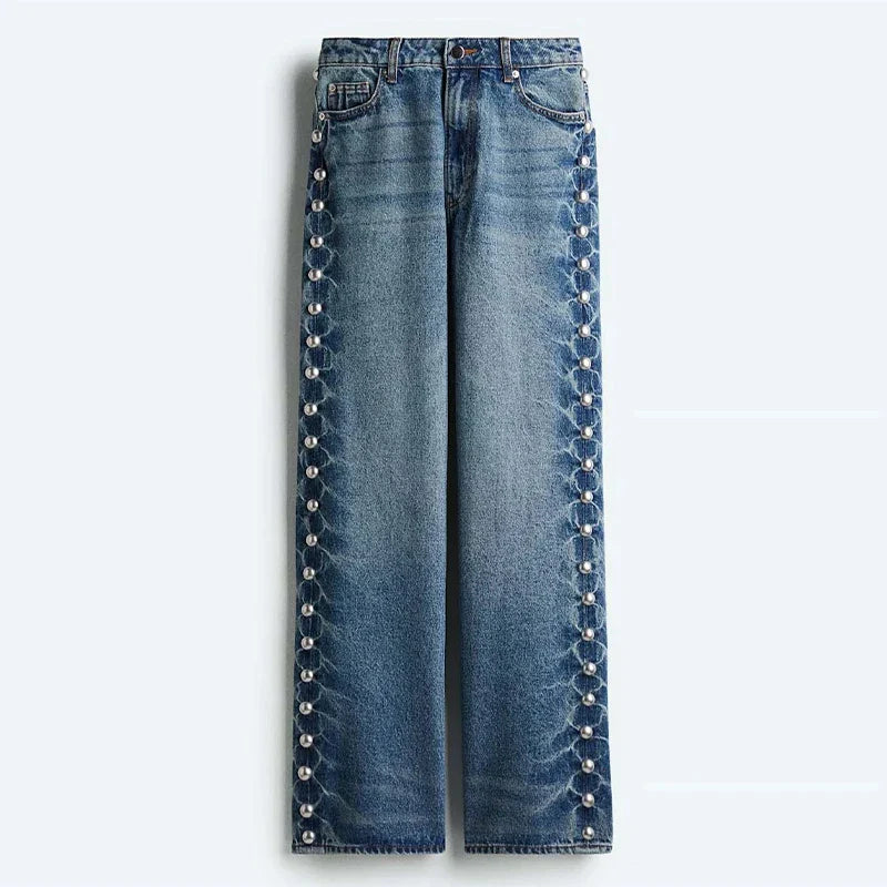 Women's White High Waist Denim Jeans Loose Fit Floral