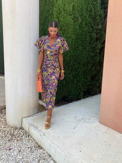 Vibrant Floral Puff Sleeve Midi Summer Dress