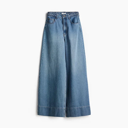 Women's Wide Leg Denim Trousers Braided Twist Blue