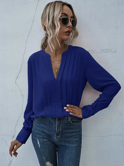 Women's V-Neck Long Sleeve Pleated Blouse