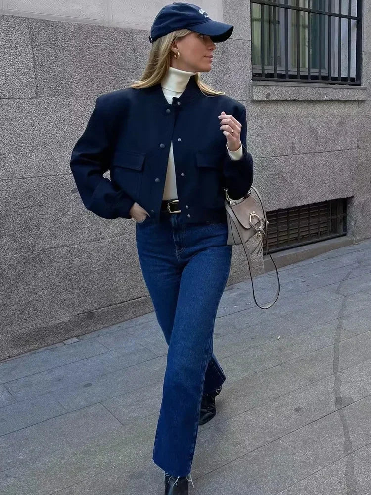 Women's Cropped Bomber Jacket Baseball Collar Snap Buttons