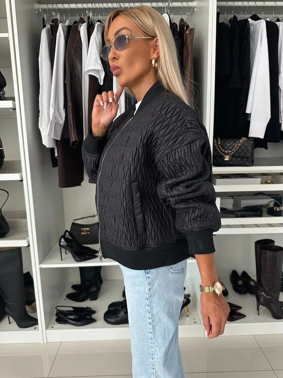 Women's Quilted Bomber Jacket Zip Front Ribbed Trim