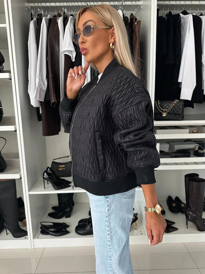 Women's Quilted Bomber Jacket Zip Front Ribbed Trim