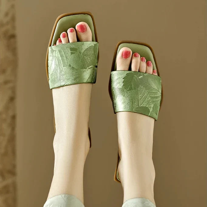 Women's Floral Sandals Square Toe Embossed Brown