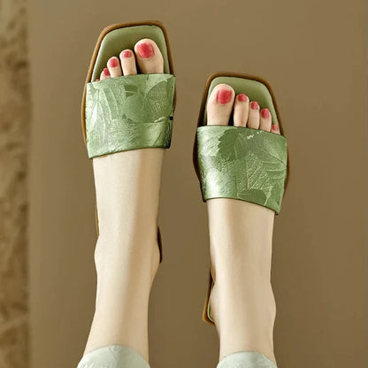 Women's Floral Sandals Square Toe Embossed Brown