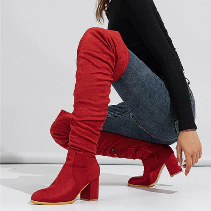 Women's Knee High Boots Pointed Toe Block Heel Slouch Black