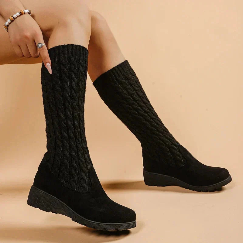 Women's Cable Knit Mid-Calf Boots Comfortable Wedge Design - VibreMode