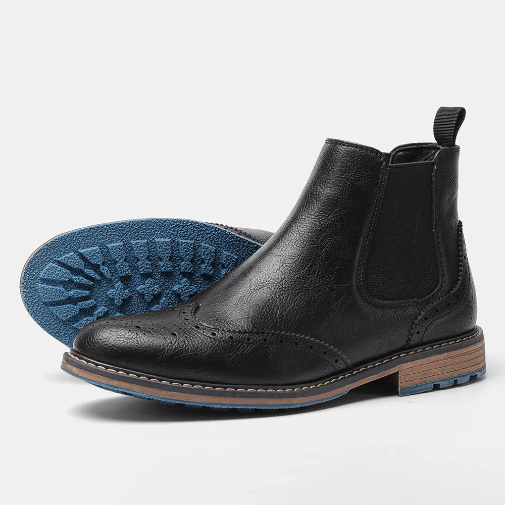 Men's Chelsea Ankle Boots Leather Brogue Style Black