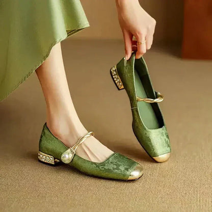 Women's Mary Jane Shoes Pearl Strap Glitter Block Heel - VibreMode