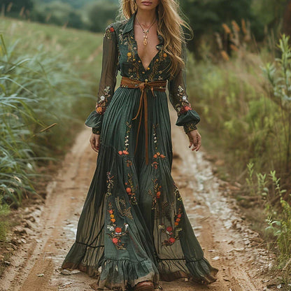 Women's V Neck Bohemian Dress Belted Waist - VibreMode
