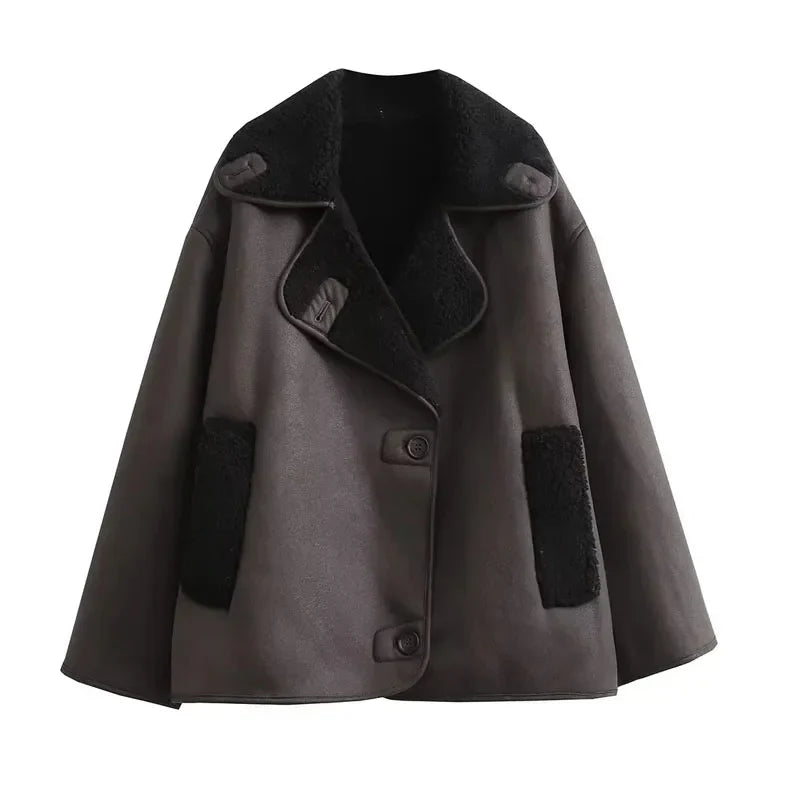 Women's Leather Winter Jacket Plush Lined Wide Collar
