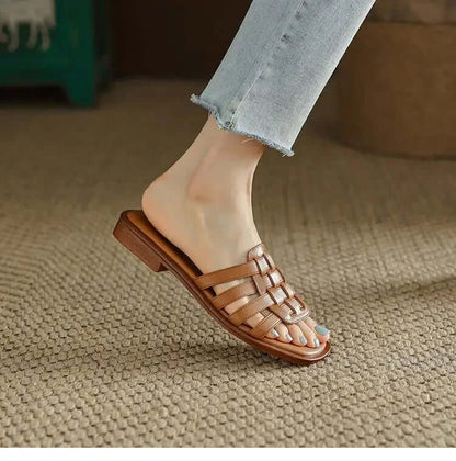 Women's Leather Flat Slides Comfortable