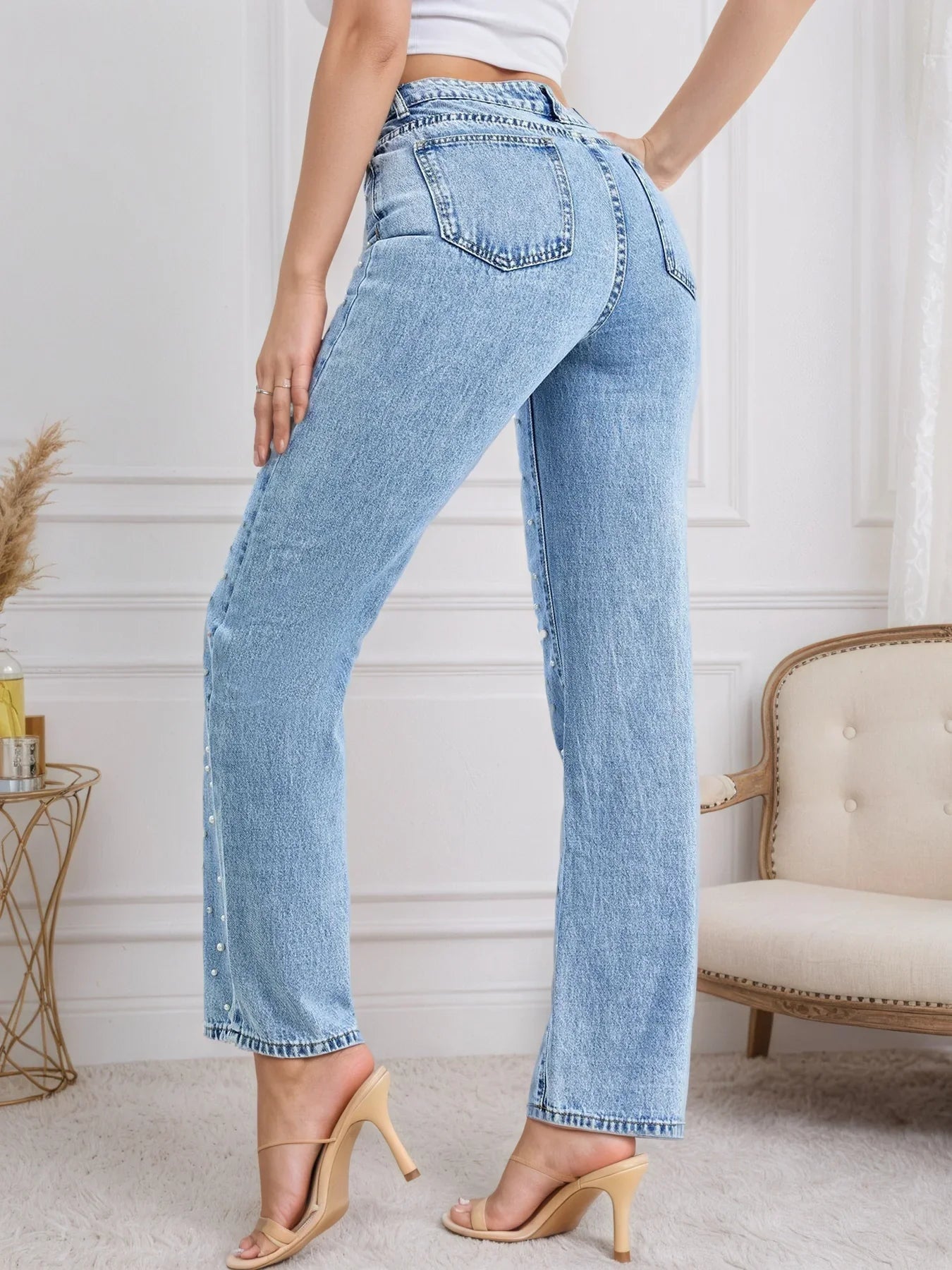 Women's Straight Jeans Pearl Five-Pocket Machine Washable Classic Blue