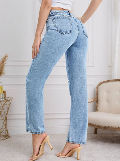 Women's Straight Jeans Pearl Five-Pocket Machine Washable Classic Blue
