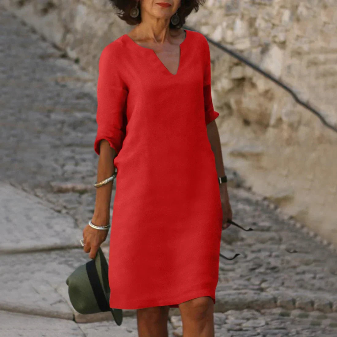 Women's V-Neck Mini Dress 3/4 Sleeves