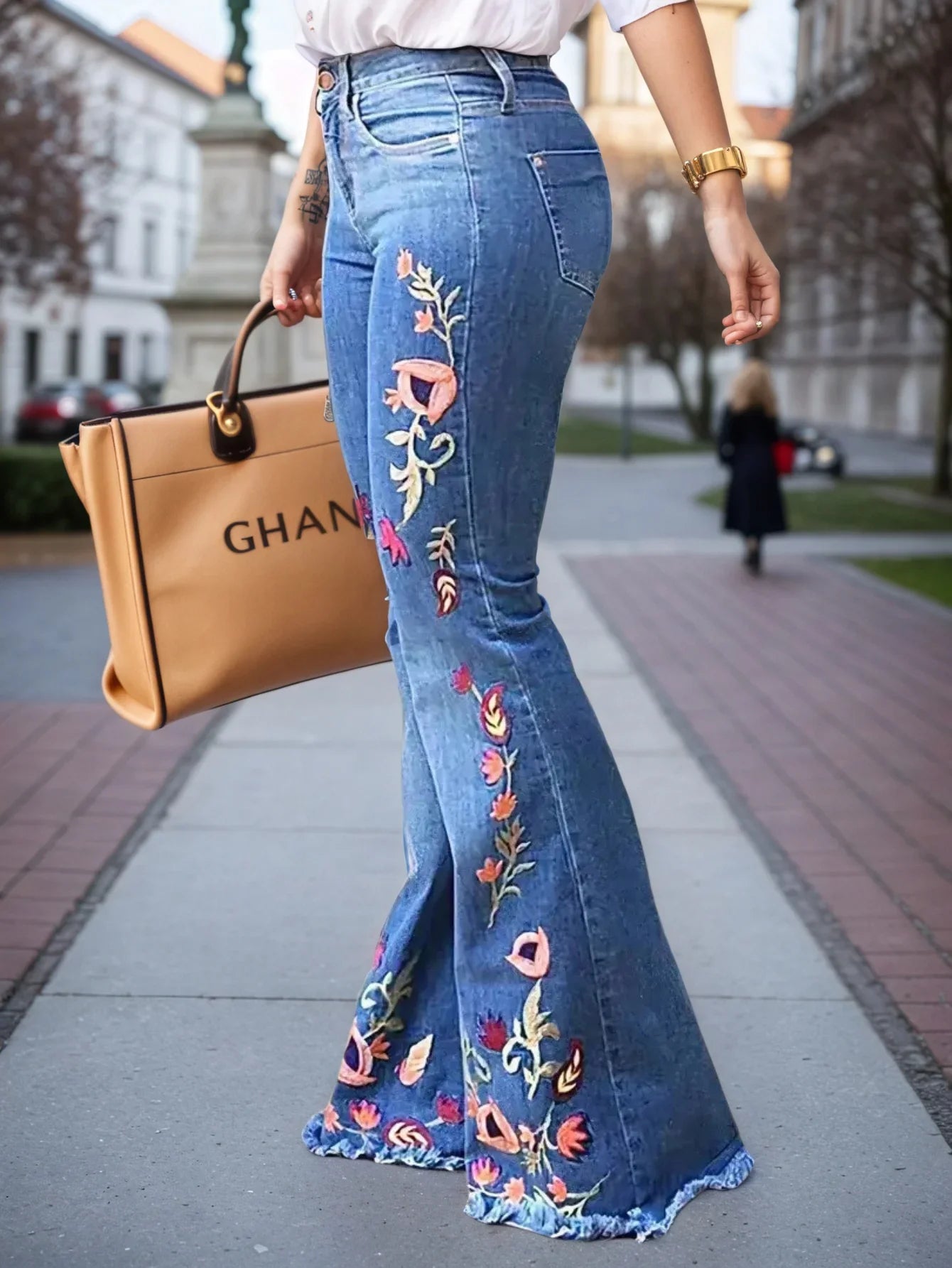Women's Floral Print High-Waisted Slim Fit Jeans Dark Blue