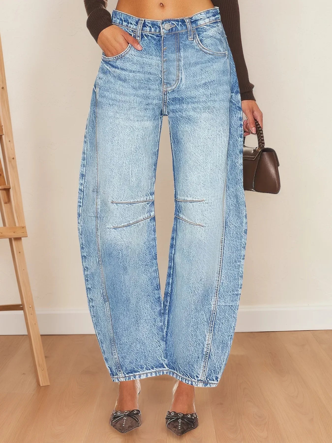 Women's Cropped Denim Pants Mid-Waist Straight Leg Blue