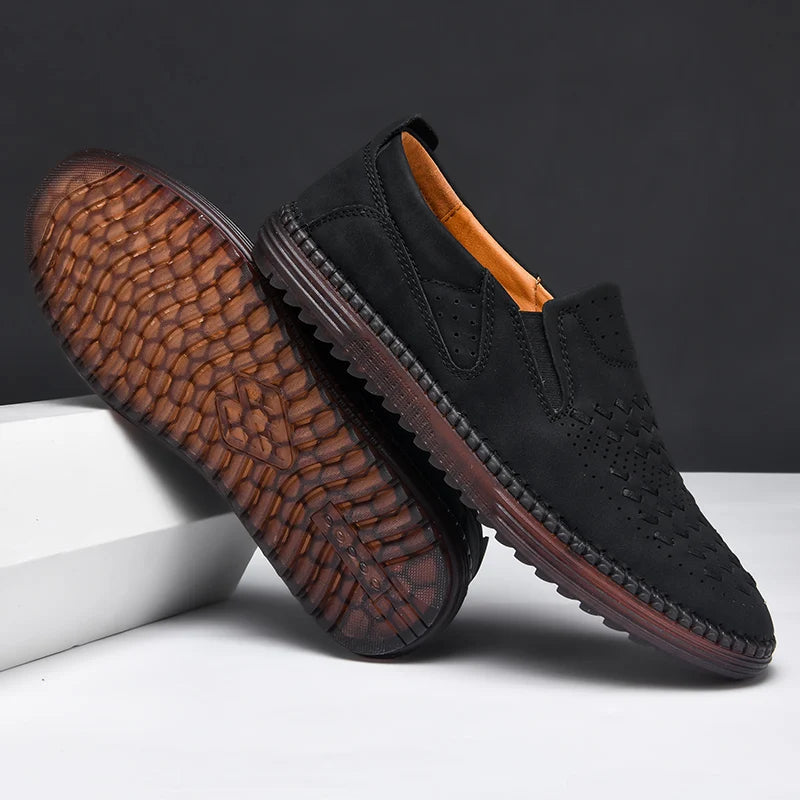 Men's Perforated Loafers Textured Leather Upper