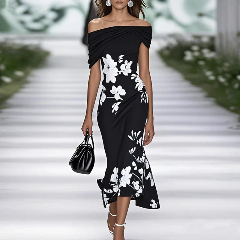 Women's Mermaid Midi Dress Off-Shoulder Floral - VibreMode