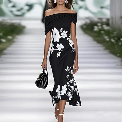 Women's Mermaid Midi Dress Off-Shoulder Floral - VibreMode