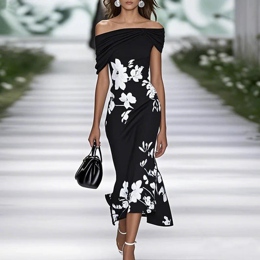 Women's Mermaid Midi Dress Off-Shoulder Floral - VibreMode