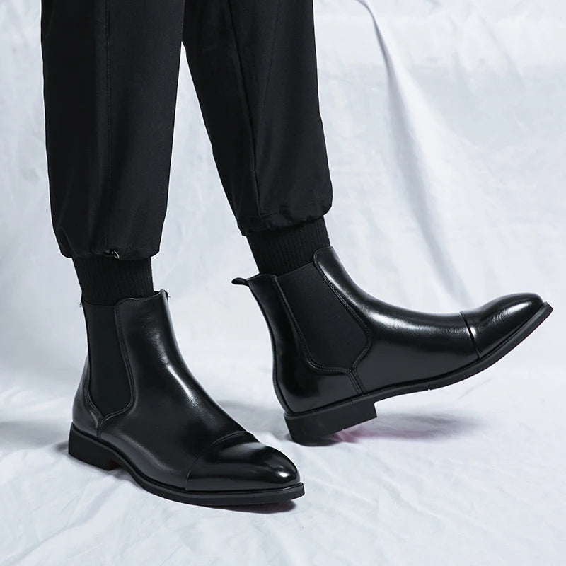 Men's Chelsea Boots Cap Toe Slip-On Leather Black - VibreMode