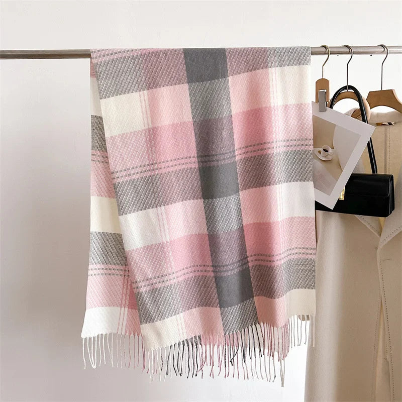 Womens Plaid Scarf Tassel Wool Red