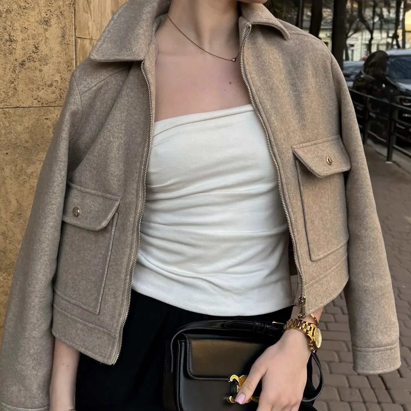 Women's Bomber Jacket Zip Front Cotton Black