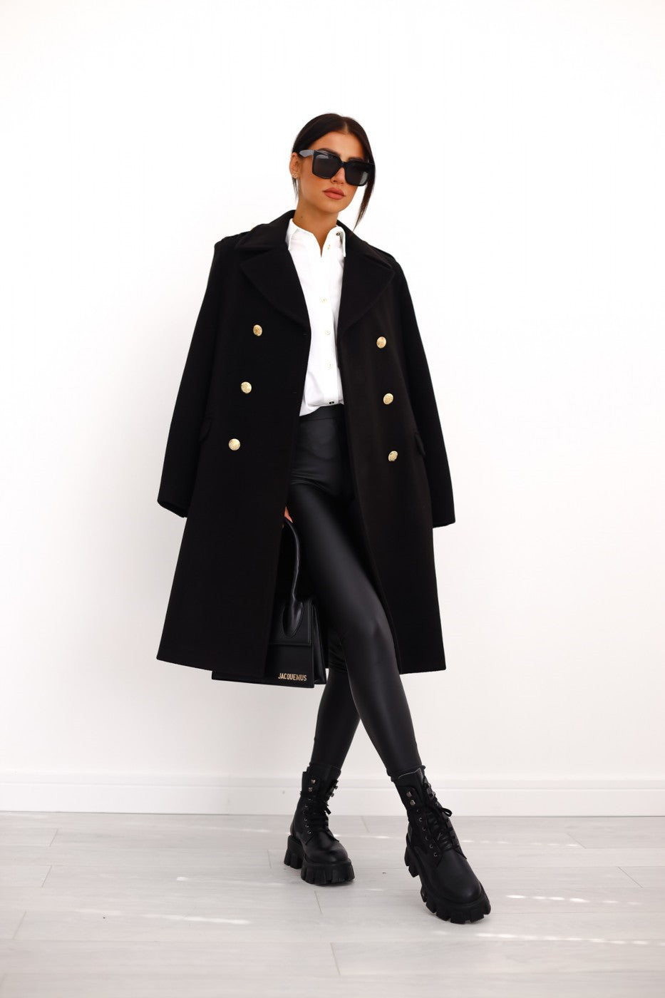 Women's Double-Breasted Long Coat Gold Button Accents - VibreMode