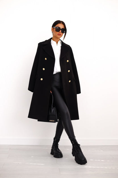 Women's Double-Breasted Long Coat Gold Button Accents - VibreMode
