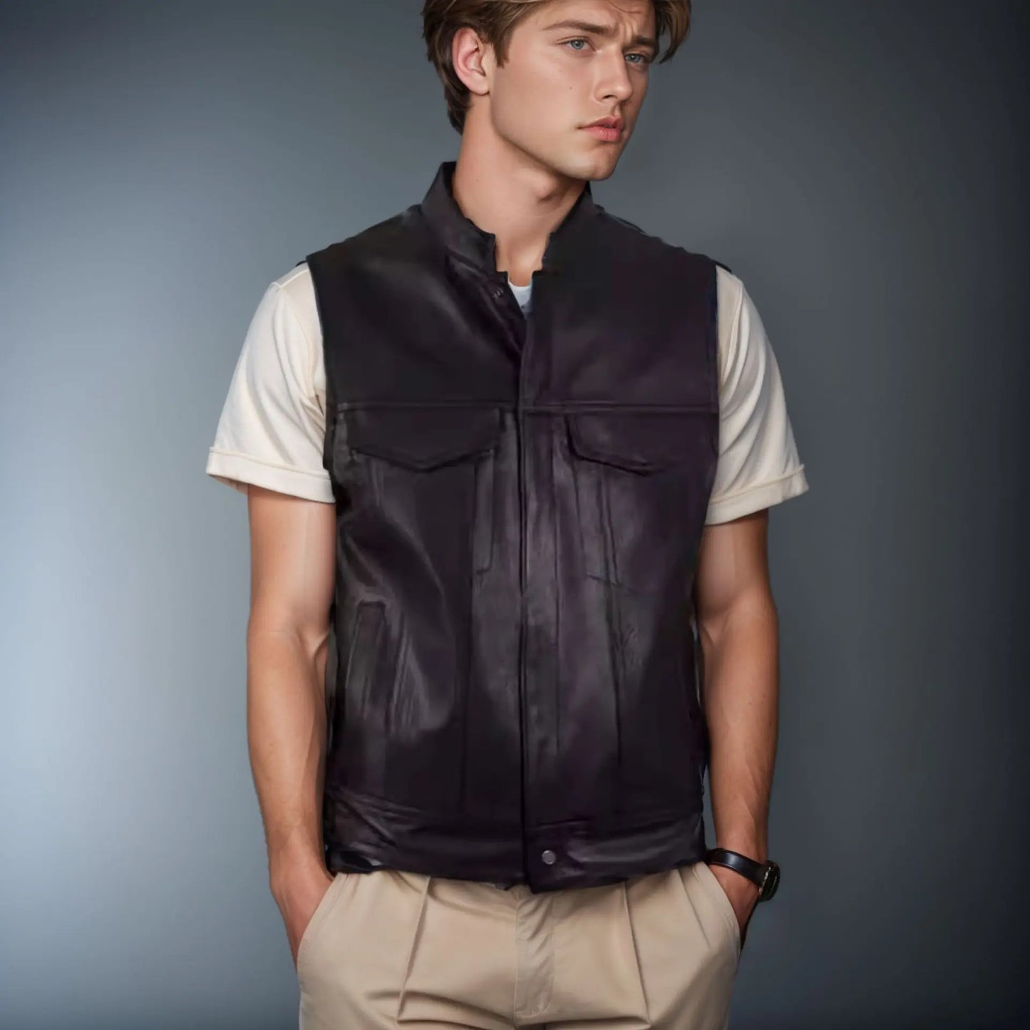Men's Leather Vest Genuine Soft Zipper Collar - VibreMode