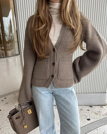 Women's V-Neck Cardigan Sweater Cozy Knit - VibreMode