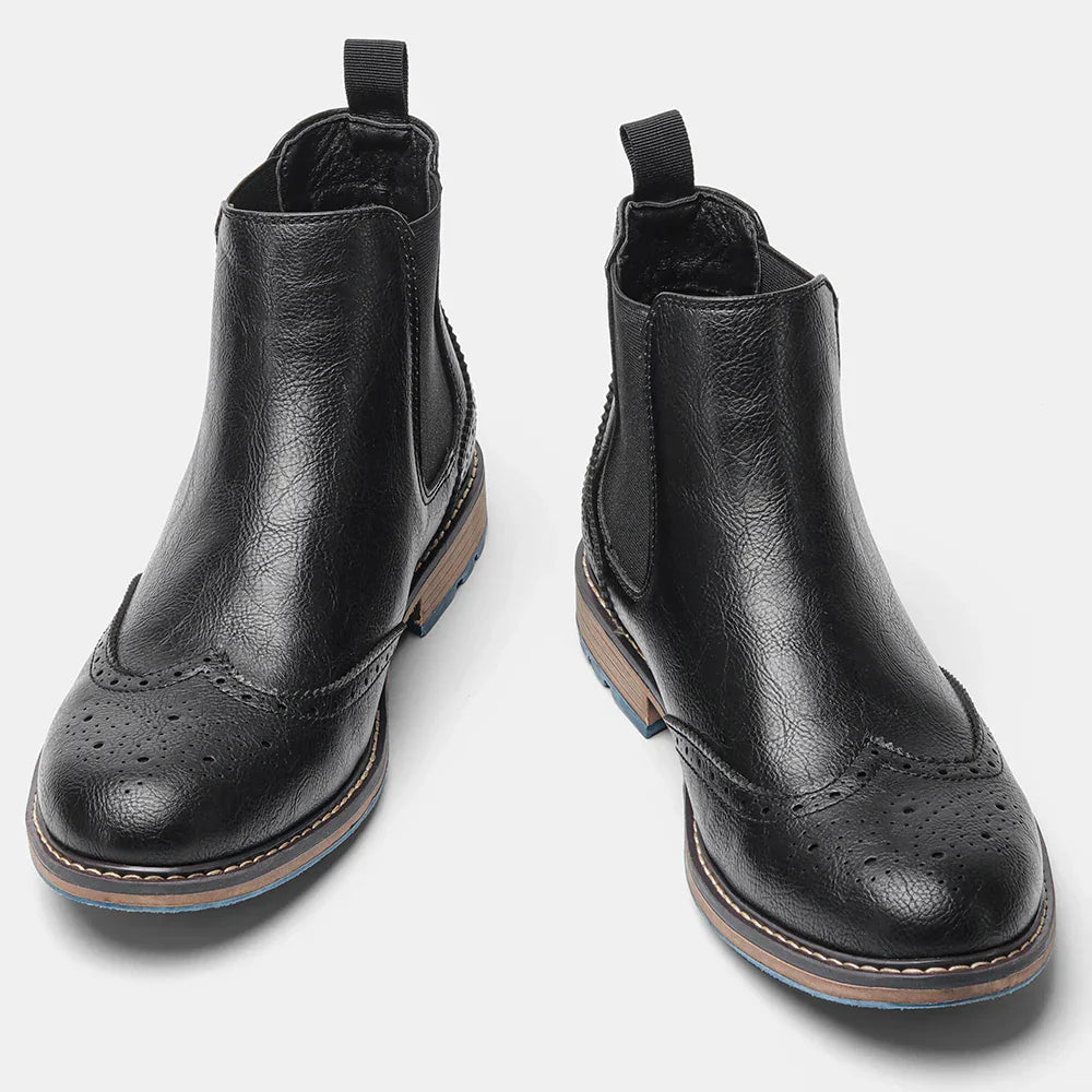 Men's Chelsea Ankle Boots Leather Brogue Style Black