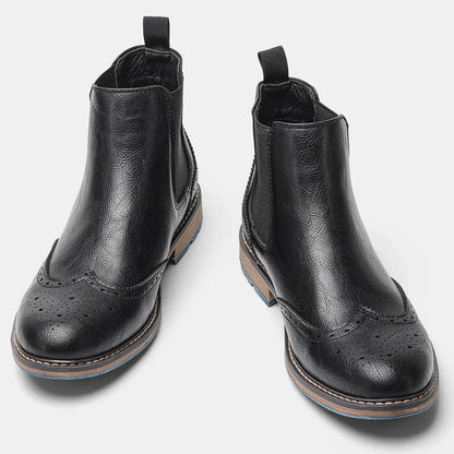 Men's Chelsea Ankle Boots Leather Brogue Style Black