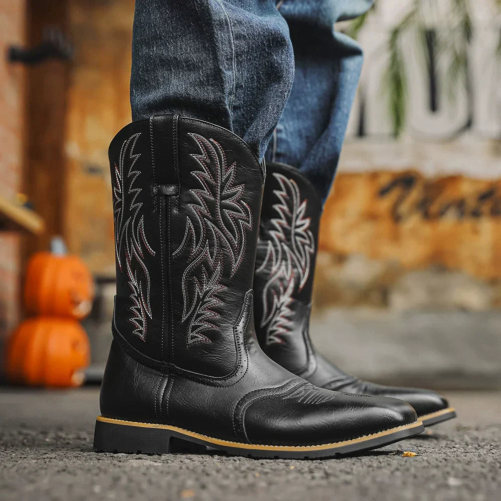 Rugged Men's Brown Leather Cowboy Boots