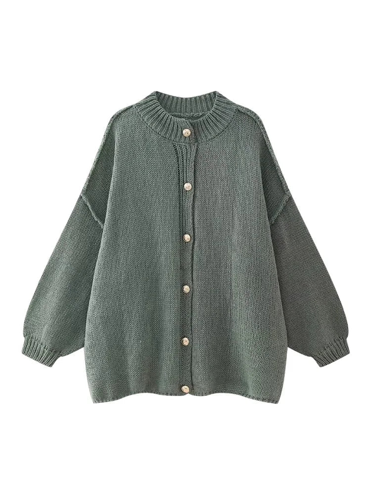 Women's Bat Sleeve Cardigan Wool Lapel Metal Buttons Beige