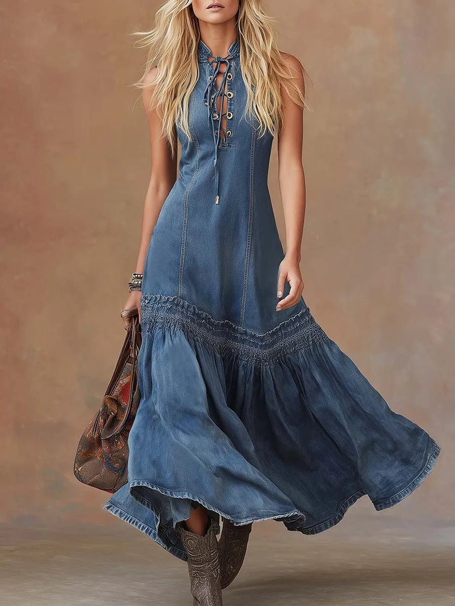 Women's Vintage Denim Long Dress - VibreMode