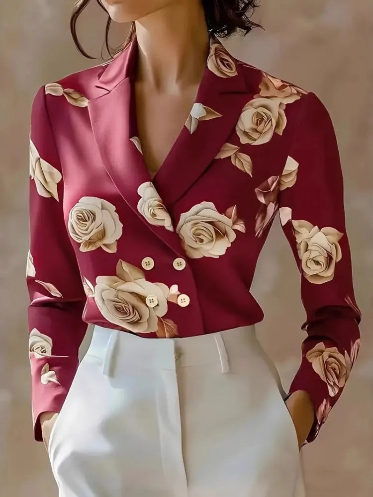 Women's Satin Double-Breasted Blouse Floral Print
