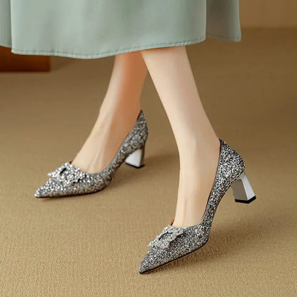 Sparkly High Heel Pumps with Crystal Strap Detail