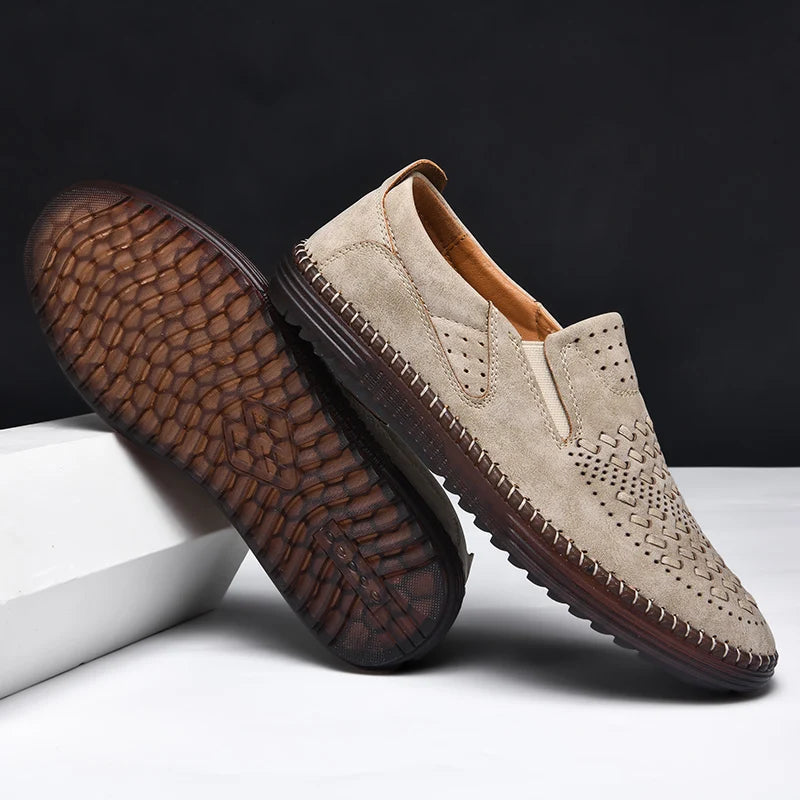 Men's Perforated Loafers Textured Leather Upper
