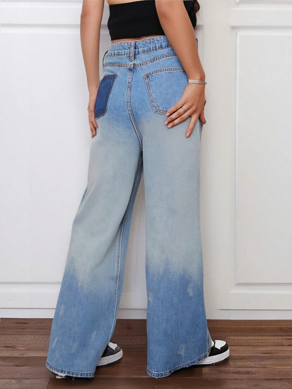 Women's Straight Jeans Color Block Denim Blue
