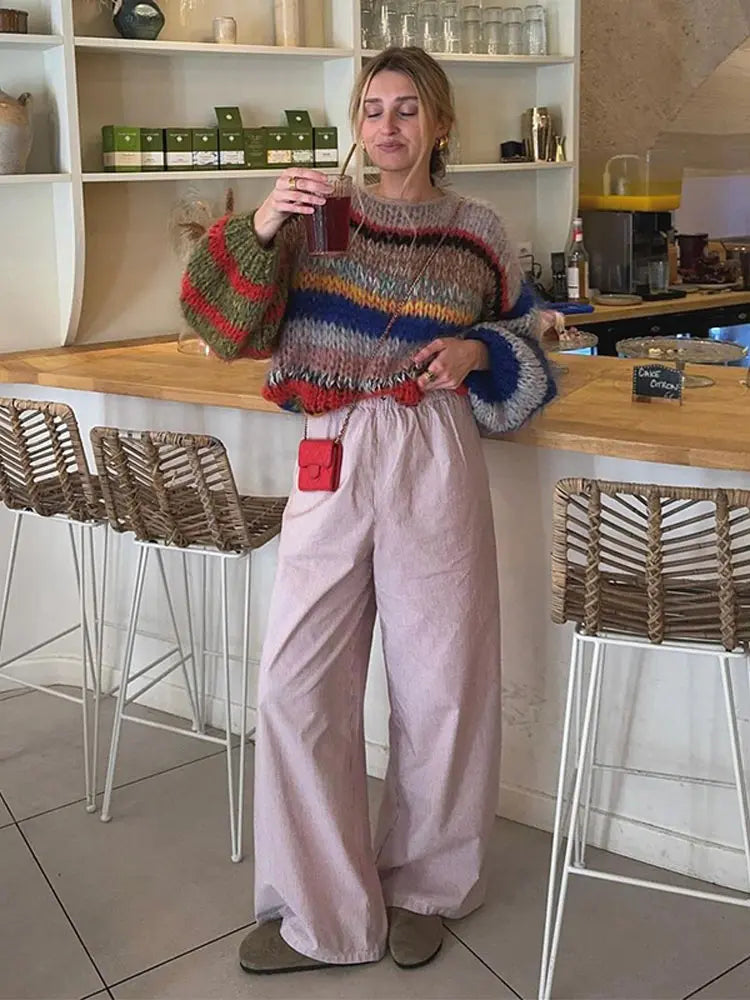 Women's Striped Knit Sweater Multicolor Long Sleeves
