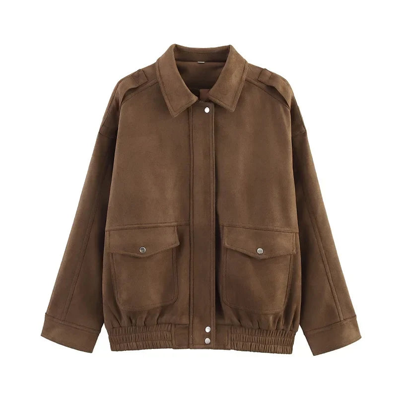 Women's Bomber Jacket Snap Buttons Flap Pockets