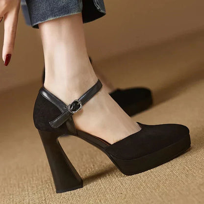 Ladies High Heel Ankle Strap Block Pumps Shoes