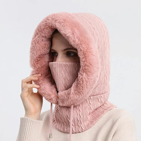 Women's Textured Hooded Scarf Fur Trim Beige - VibreMode